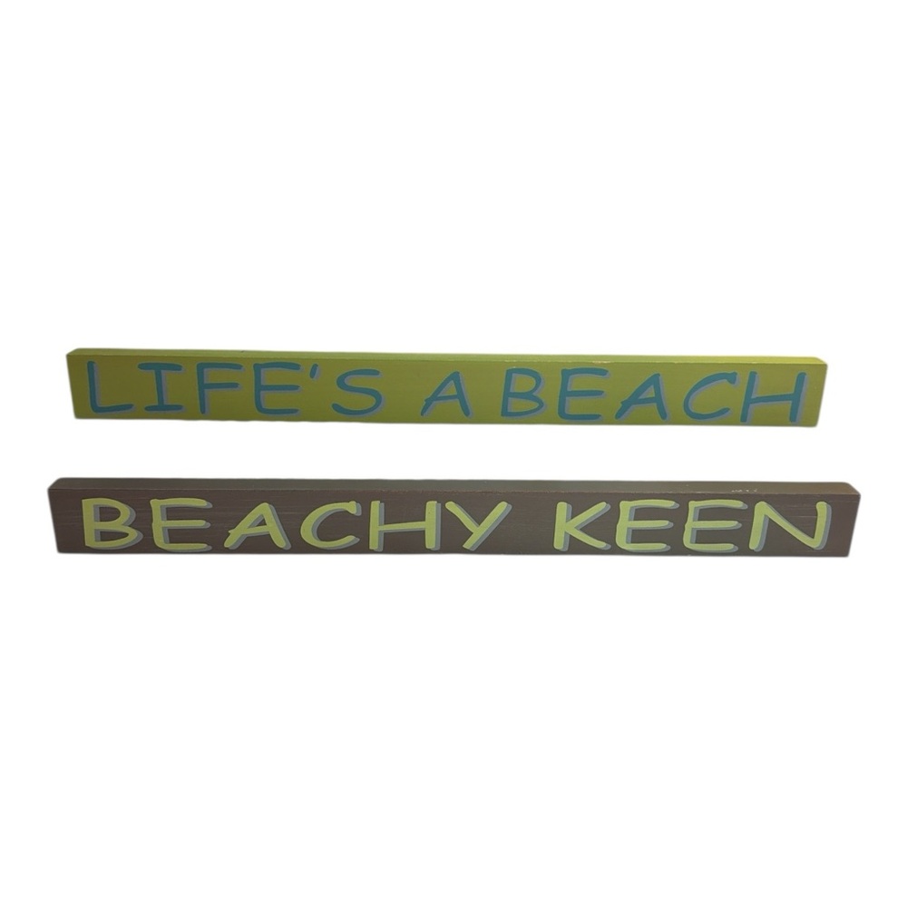 Beachy Wooden Shelf Signs "Life's a Beach" & "Beachy Keen" - Blue & Lime